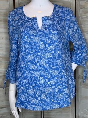 J. Jill spring ‘26 blue floral print tunic tie sleeve top linen blend Medium NWT
